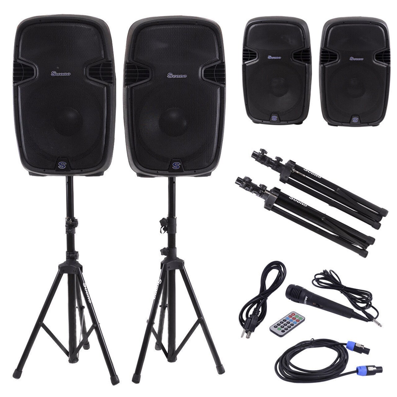 Black 12in Active 2-Way PA Speaker System with Stands Mic Remote